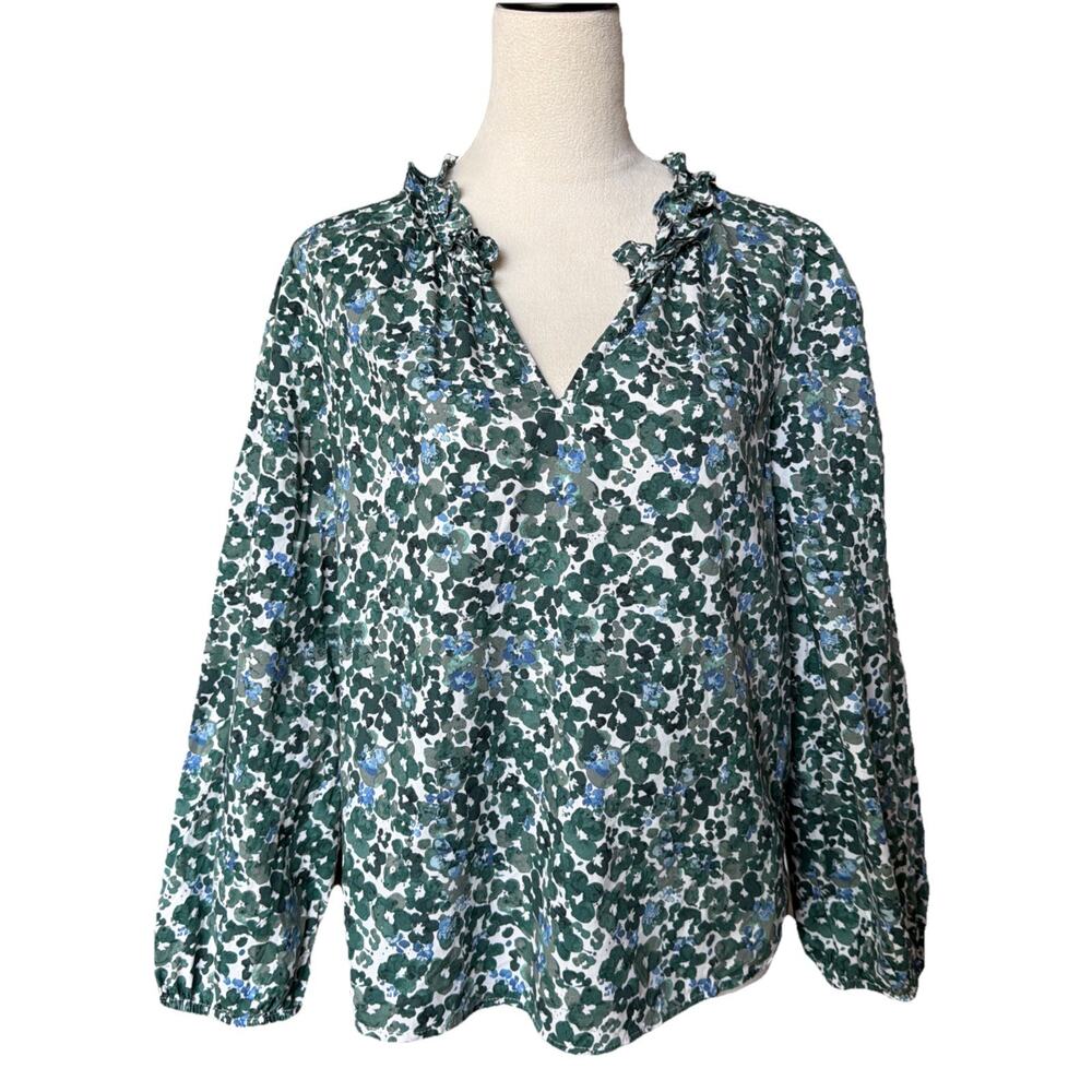 J. Crew Factory Split Neck Ruffle Blouse Top Size Medium Green Floral Pullover